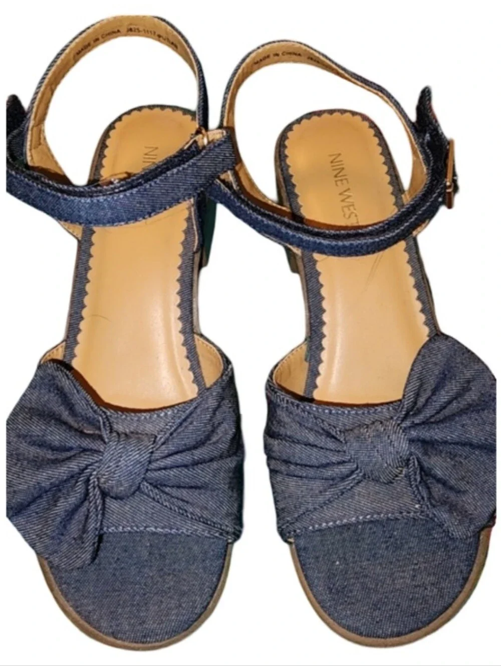 NINE WEST Keirah Denim Bow Sandals Big Girls Size 6 Blue Block Heel